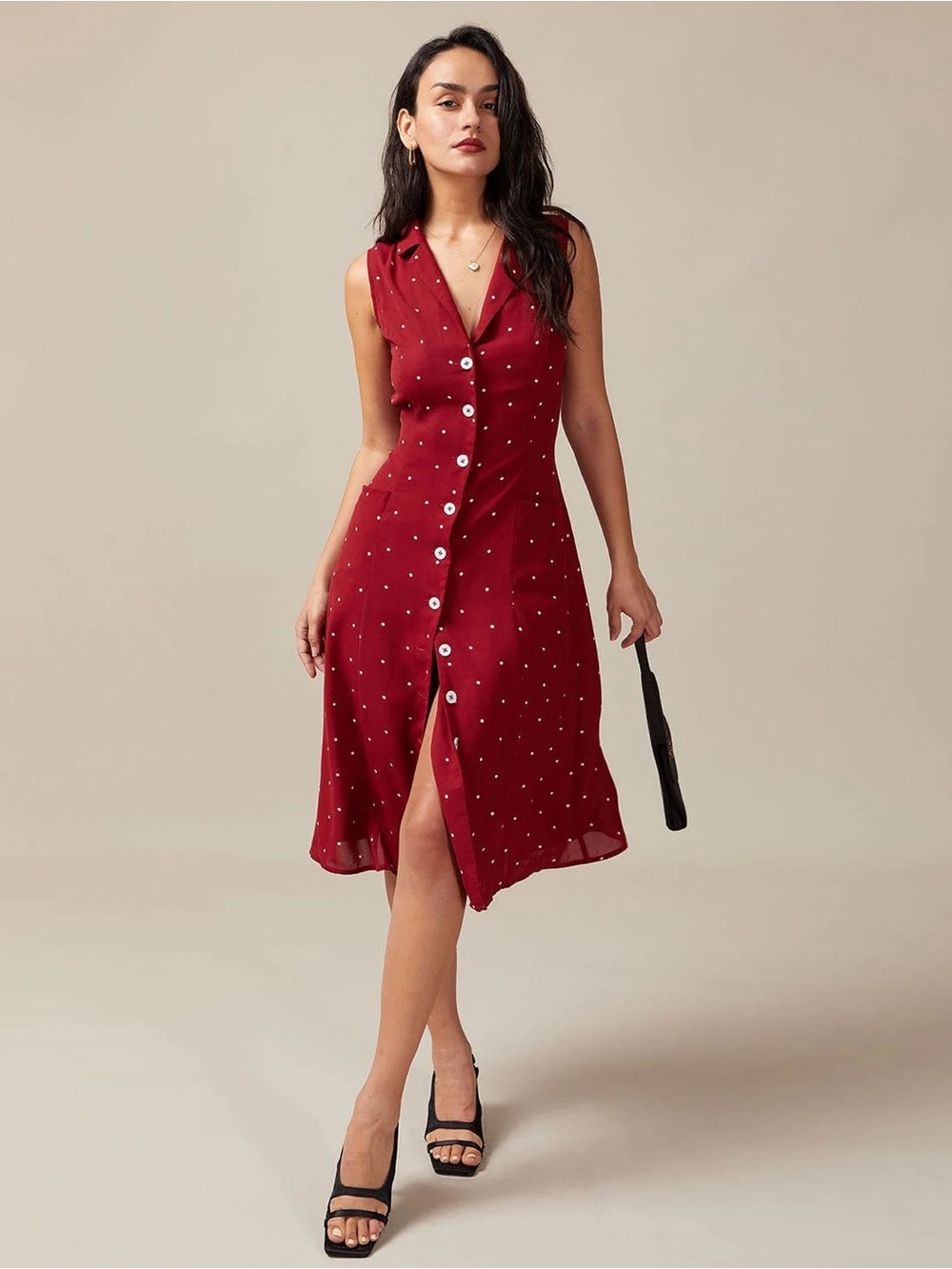 RIHOAS Red Sleeveless Button-Front Midi Dress with White Polka Dots